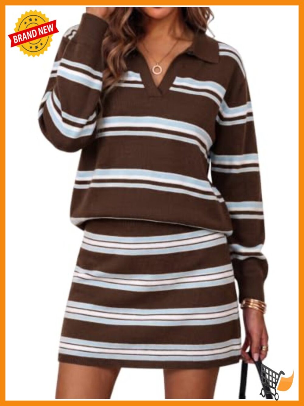 Wenrine Women's Striped 2-Piece Outfit V-Neck Top Mini Skirt Sweater Set